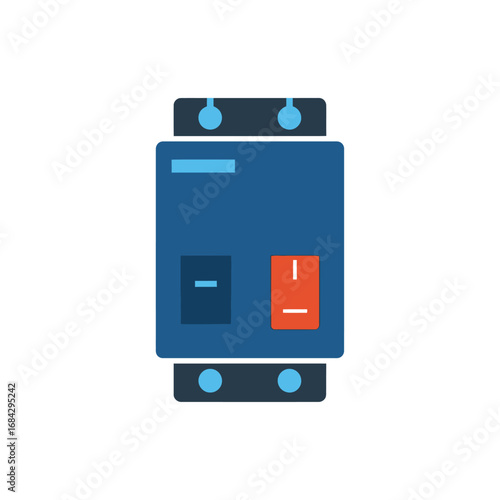 A flat vector icon of a blue electrical circuit breaker with red and blue switches.