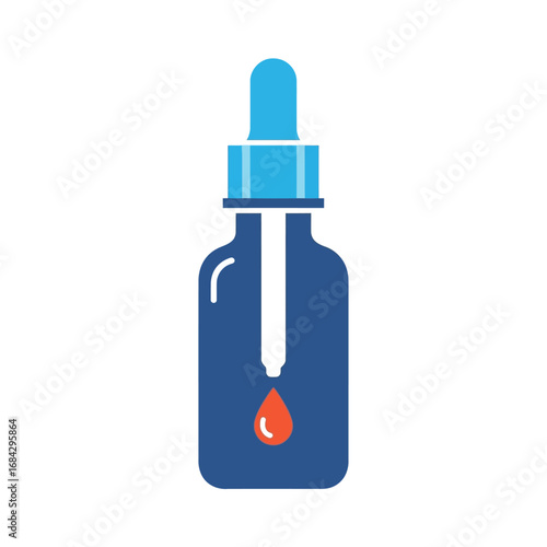 A blue dropper bottle with a light blue cap and a single orange liquid drop falling from the pipette tip.