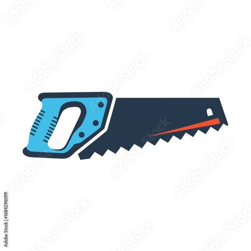 A modern flat design illustration of a hand saw featuring a vibrant blue handle and a dark, sharp-toothed blade.
