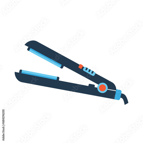 Sleek dark-blue hair straightener with light-blue plates and orange control button.
