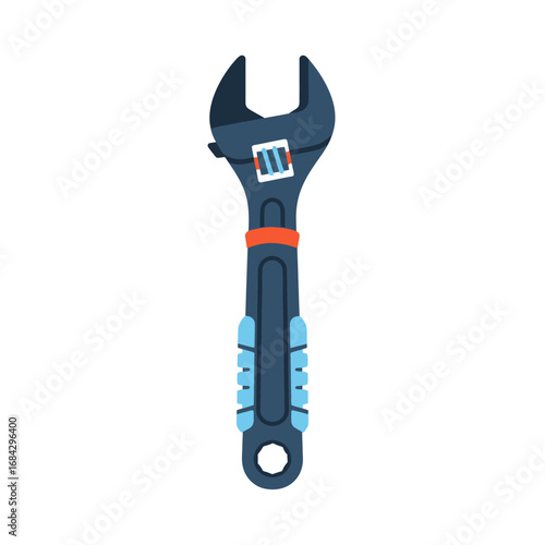 A dark blue adjustable wrench with orange and light blue accents, isolated on a white background, showcasing a common tool.