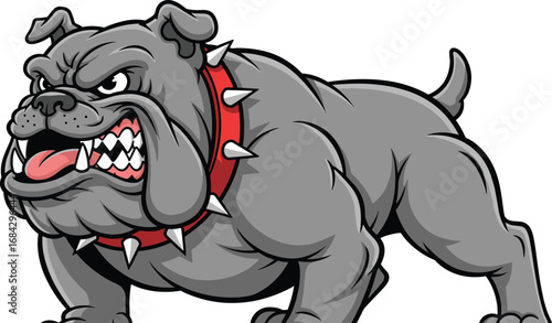 Cartoon bulldog mascot, aggressive guard dog illustration, muscular gray bulldog with spiked collar, fierce animal vector art, tough canine sports team logo design
