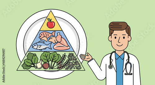 A friendly doctor explains the importance of a balanced diet and healthy eating habits using a visual food pyramid illustration on a plate.