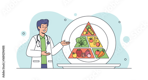 A smiling doctor in a white coat with a stethoscope illustrates the concept of a balanced diet using a colorful food pyramid on a plate, promoting healthy nutrition.