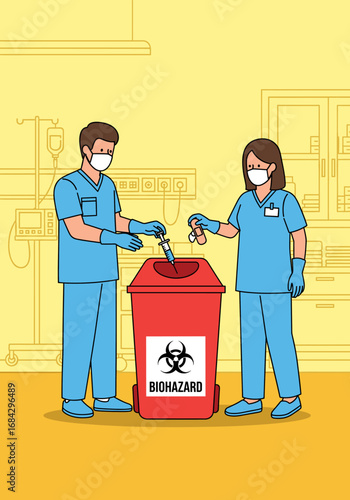 Medical professionals diligently dispose of hazardous waste, including used syringes and vials, into a red biohazard bin in a clean hospital setting.