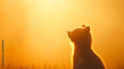 Cat silhouetted against a warm golden sunset looking upwards