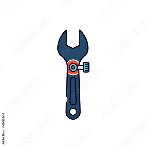 A clean, flat design illustration of a dark blue adjustable wrench featuring an orange adjustment mechanism on a white background.