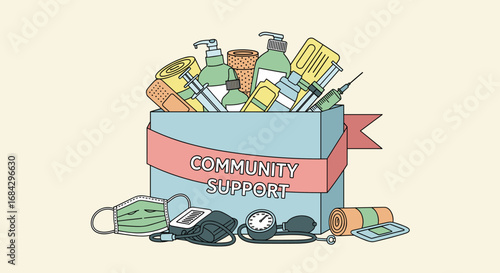 A compassionate illustration of a community support box filled with essential medical and hygiene supplies, symbolizing vital public health assistance.