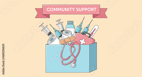 An illustration depicting a box overflowing with essential medical supplies, symbolizing vital community support and healthcare donations for public well-being.