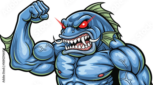 Cartoon muscular fish warrior, anthropomorphic aquatic creature, blue skin, sharp teeth, tusks, glowing red eyes, green fins, flexing pose, fantasy character, vector illustration, isolated background