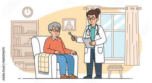 A kind female doctor provides a comprehensive medical check-up for an elderly male patient during a home visit, ensuring his well-being.