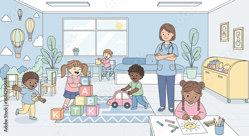 A diverse group of happy young children joyfully engage in various playful activities under the watchful eye of a caring adult in a bright, modern daycare setting.