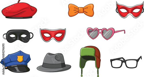Cartoon costume accessories set, hats, masks, sunglasses, bow tie, police cap, fedora, trapper hat, eyeglasses, dress‑up and role‑play vector art
