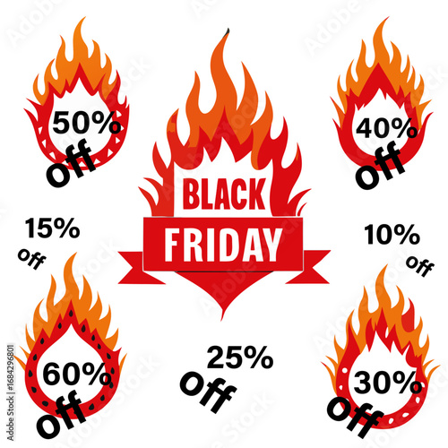 Black Friday Fire Sale Labels with Percent Discounts on White Background.
