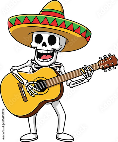 Cartoon skeleton wearing colorful sombrero, playing acoustic guitar, festive Mexican musician character, Day of the Dead celebration, cheerful mariachi art, cultural holiday vector illustration