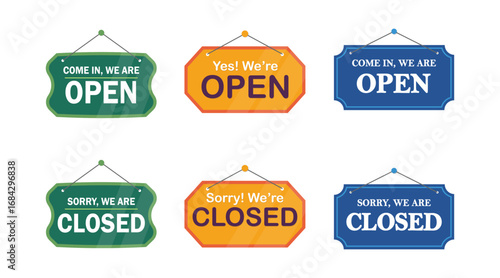 Set of open and closed hanging sign boards on the door. sign for cafe, restaurant, bar or retail store. Announcement banner, information signage for business or service.