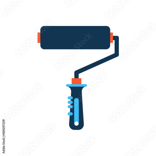 Illustration of a blue paint roller with an orange accent on a white background, shown in a flat design style.