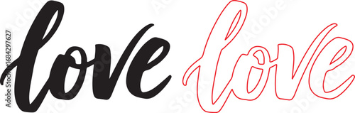 Handwritten love word in black and pink outline styles