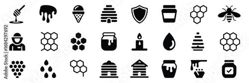 Black and White Honey & Beekeeping Icon Set – Bees, Honeycombs, Jars, and Natural Elements