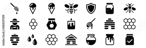 Black and White Honey & Beekeeping Icon Set – Bees, Honeycombs, Jars, and Natural Elements