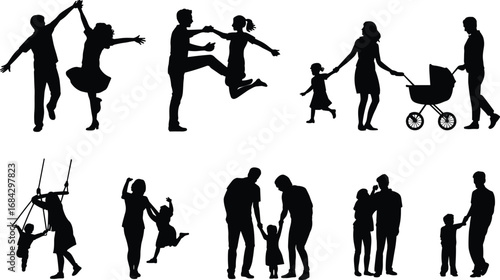 Family silhouettes, parent child, bonding moments, playful interaction, walking together, swing push, stroller scene, love, care, black figures, joy