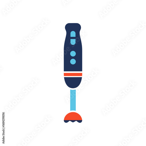 A modern, flat design illustration of a handheld immersion blender with a blue handle and orange base, ready for kitchen use.