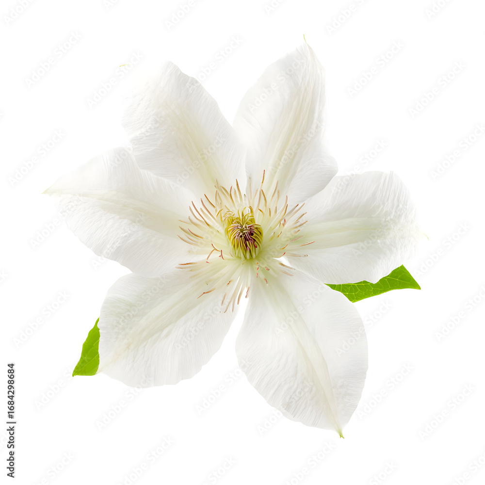 Obraz premium Elegant white clematis flower isolated against a stark black backdrop showcasing beauty