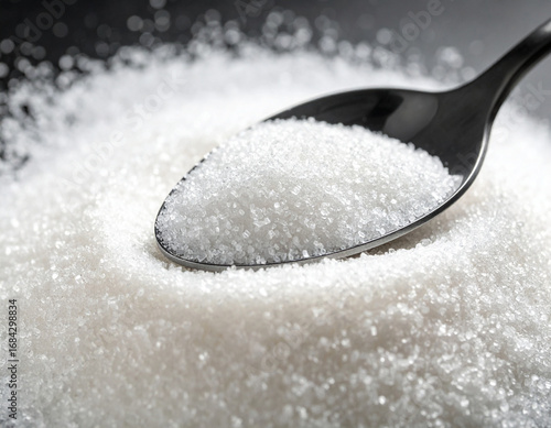 A spoonful of granulated sugar on a pile of granulated sugar.