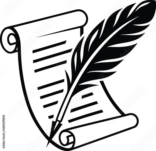 A classic quill pen rests on a rolled parchment scroll with lines of text symbolizing writing literature history and the art of storytelling