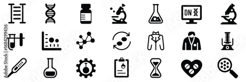 Black and White Science Icon Set – Laboratory Tools, Molecules, and Scientific Symbols