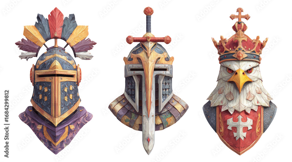 Obraz premium Artistic Representation of Three Unique Medieval Helmets with Decorative Elements