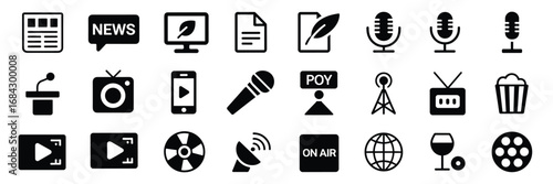 Black and White Media Icon Set – Journalism, Broadcasting, and Entertainment Symbols