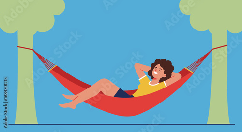 Relaxing Woman in Red Hammock Between Trees.