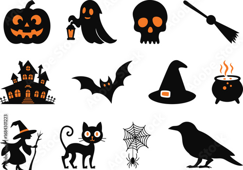 Halloween Icons Set With Witch, Pumpkin, and Haunted House