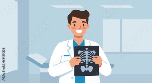 Smiling Doctor Holding X-ray of Human Skeleton.