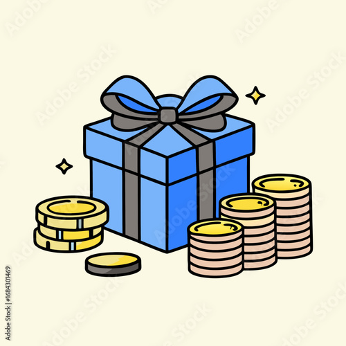 Bright blue gift box with stacks of shiny gold coins symbolizing wealth and rewards