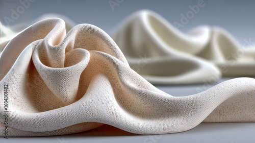 Abstract Fabric Sculpture: A close-up view of elegant fabric, artfully sculpted into flowing, abstract forms, conveying a sense of luxury, softness, and artistic finesse. 
