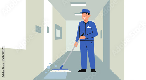 Smiling Janitor Cleaning Floor with Mop in Hallway.