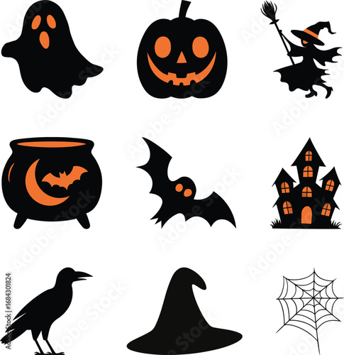 Colorful Halloween Icons with Witch Hat, Pumpkin, Ghost and Haunted House Vector