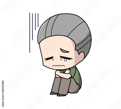 体育座りで落ち込む高齢男性のイラスト