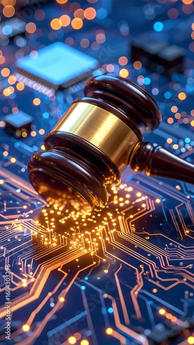 A gavel rests atop a circuit board, symbolizing the intersection of law and technology.