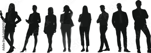 Silhouette of business people standing in a row, professional office team, diverse corporate group, confident executives, teamwork concept, modern business attire, leadership, success
