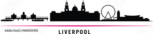 Liverpool city skyline silhouette with iconic landmarks, historic architecture, waterfront, Ferris wheel, famous buildings, tourism, travel destination, England, urban landscape, culture, heritage