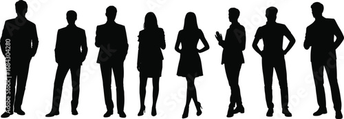 Silhouette of confident business team standing in a row, professional group, diverse corporate people, modern office, teamwork concept, leadership, collaboration, success, business attire