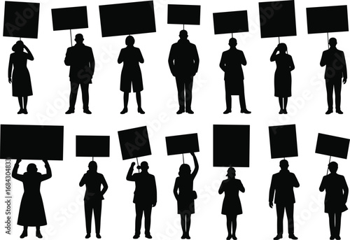 Silhouette of protest people holding blank signs, group demonstration, social justice movement, picket line, activists, political protest, freedom march, civil rights rally