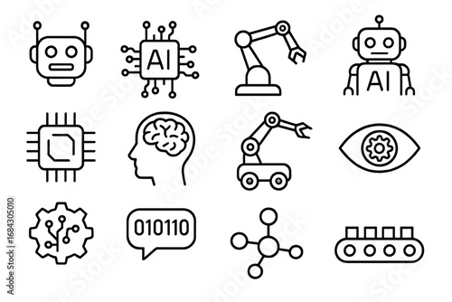 Robotics and AI technology outline icon collection. Vector icons of artificial intelligence, machine learning, automation, robot, cyborg, brain, chip, and computer vision.
