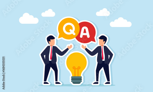 Two businessmen talking among light bulbs with chat dialog showing Q and A illustration of sharing ideas inspiration and business innovation