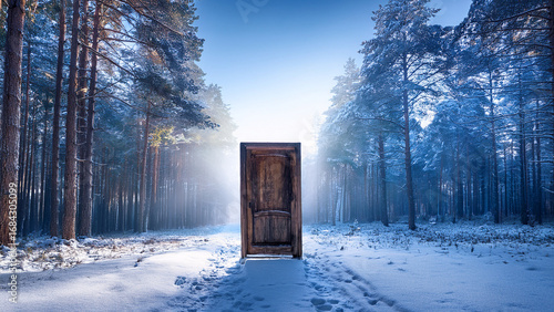 A weathered wooden door standing alone in a snow-covered pine forest, mist swirling around, cold blue and silver tones with soft diffused morning light, POV perspective walking towards it, frosted tex