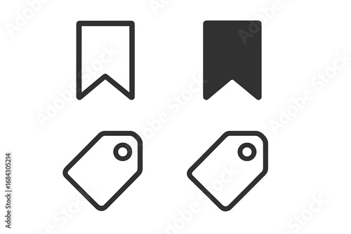 Bookmark and price tag vector icon set. Minimalist line and glyph symbols for web design, UI, UX interface. Concepts for save, favorite, label, sale, and shopping.