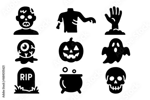 Halloween horror icon set. Spooky simple glyph collection. Zombie, ghost, skull, pumpkin, tombstone, cauldron, and monster symbols. Scary undead vector graphic elements.